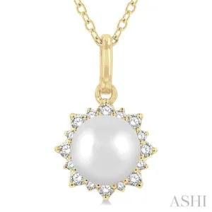 1/10 ctw Petite Sun 6X6MM Cultured Pearl and Round Cut Diamond Fashion Pendant With Chain in 10K Yellow Gold