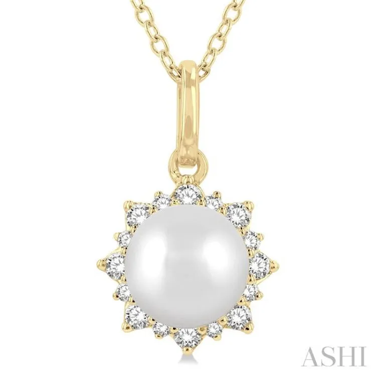 1/10 ctw Petite Sun 6X6MM Cultured Pearl and Round Cut Diamond Fashion Pendant With Chain in 10K Yellow Gold