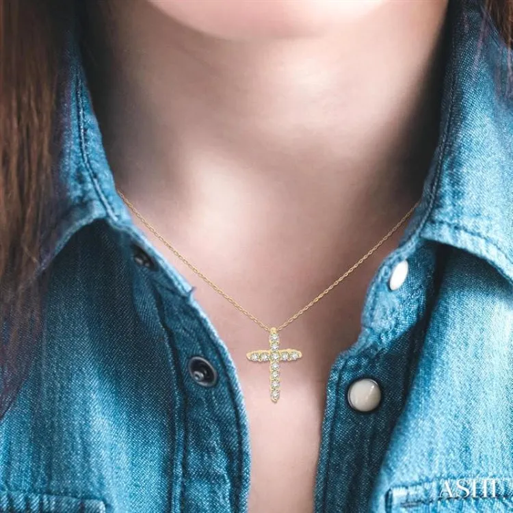 1/20 ctw Round Cut Diamond Cross Petite Pendant in 10K Yellow Gold with Chain