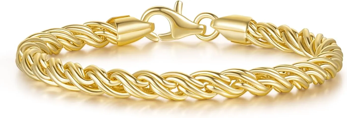 14K Gold Bracelets for Women Non Tarnish Braided Gold Chain Charm Bracelet Gift for Womens Men Hypoallergenic 5 Sizes 6.5'' 7 7.5 8 8.5