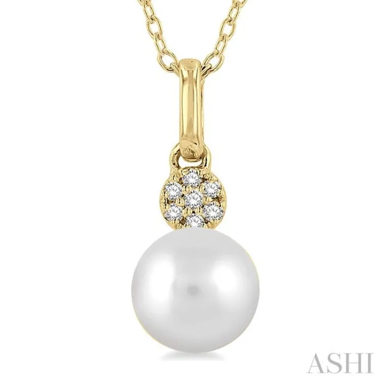 1/50 ctw Petite 6X6 MM Cultured Pearl and Round Cut Diamond Fashion Pendant With Chain in 10K Yellow Gold