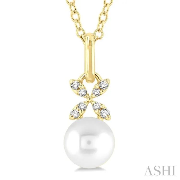 1/50 ctw Petite Floral Round Cut Diamond and 6X6MM Cultured Pearl Fashion Pendant With Chain in 10K Yellow Gold