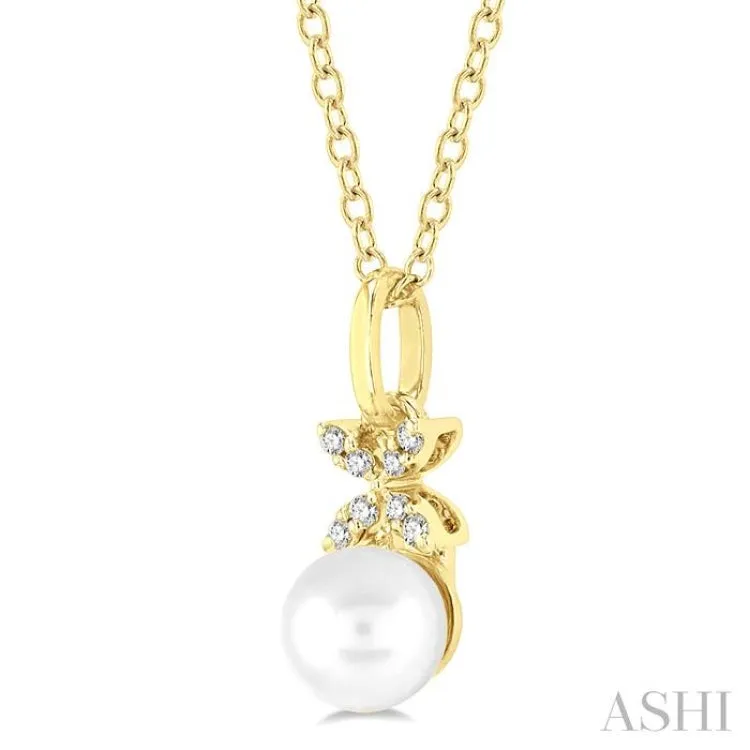 1/50 ctw Petite Floral Round Cut Diamond and 6X6MM Cultured Pearl Fashion Pendant With Chain in 10K Yellow Gold