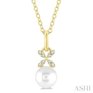 1/50 ctw Petite Floral Round Cut Diamond and 6X6MM Cultured Pearl Fashion Pendant With Chain in 10K Yellow Gold