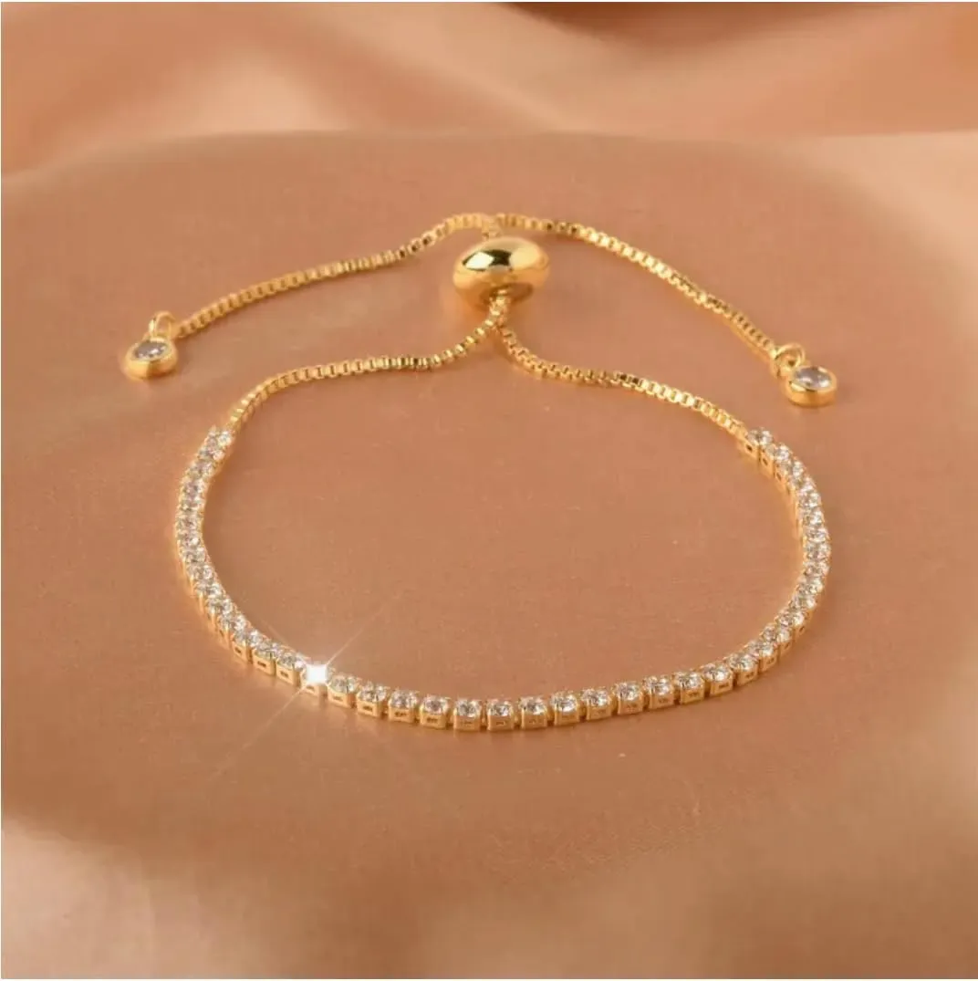 18K Gold Plated Adjustable Tennis Bracelets for Women - 18K Gold Bracelet with Shiny Brillant Cubic Zirconia - Adjustable Slider - Gold Tennis Bracelet - Mothers Day Gifts