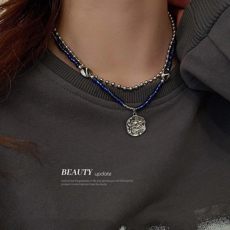 2022 New Fashion Double Layer Blue Beaded Chain Necklaces Irregular Metal Round Card Pendant Necklace For Women Party Jewelry