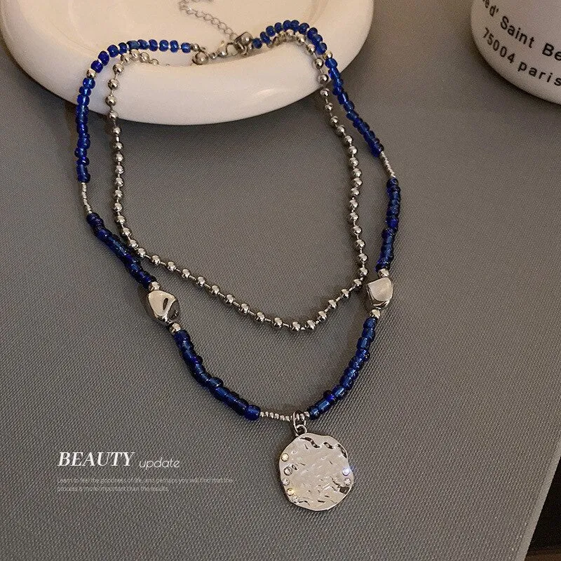 2022 New Fashion Double Layer Blue Beaded Chain Necklaces Irregular Metal Round Card Pendant Necklace For Women Party Jewelry