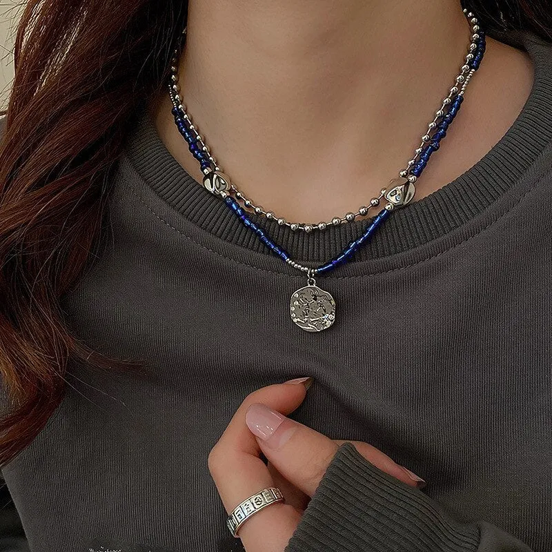 2022 New Fashion Double Layer Blue Beaded Chain Necklaces Irregular Metal Round Card Pendant Necklace For Women Party Jewelry