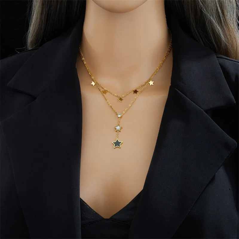 316L Stainless Steel Black White Pentagram Star Long Pendant Necklace For Women