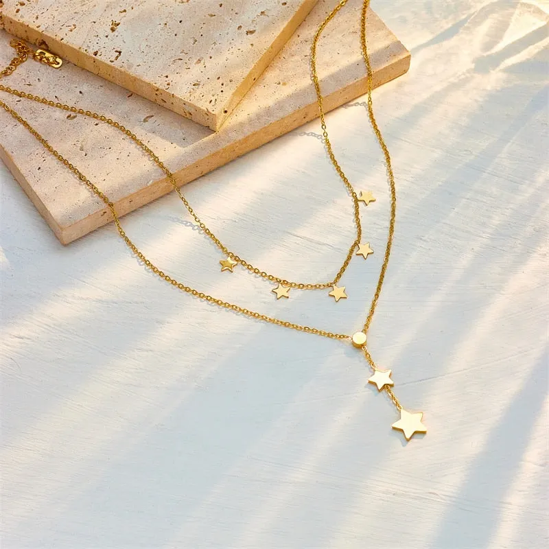 316L Stainless Steel Black White Pentagram Star Long Pendant Necklace For Women