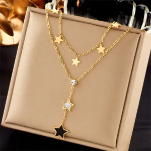 316L Stainless Steel Black White Pentagram Star Long Pendant Necklace For Women