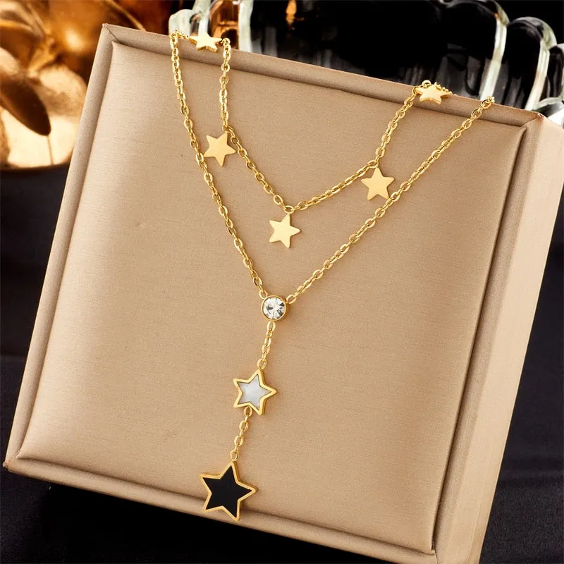 316L Stainless Steel Black White Pentagram Star Long Pendant Necklace For Women