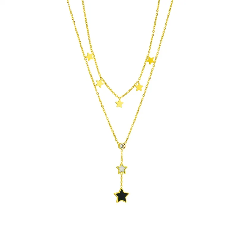 316L Stainless Steel Black White Pentagram Star Long Pendant Necklace For Women