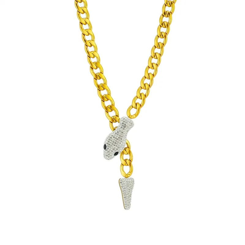 316L Stainless Steel Full Rhinestone Snake Pendant Necklace For Women