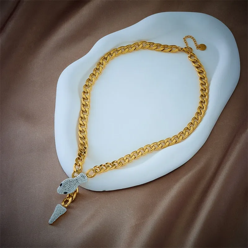 316L Stainless Steel Full Rhinestone Snake Pendant Necklace For Women