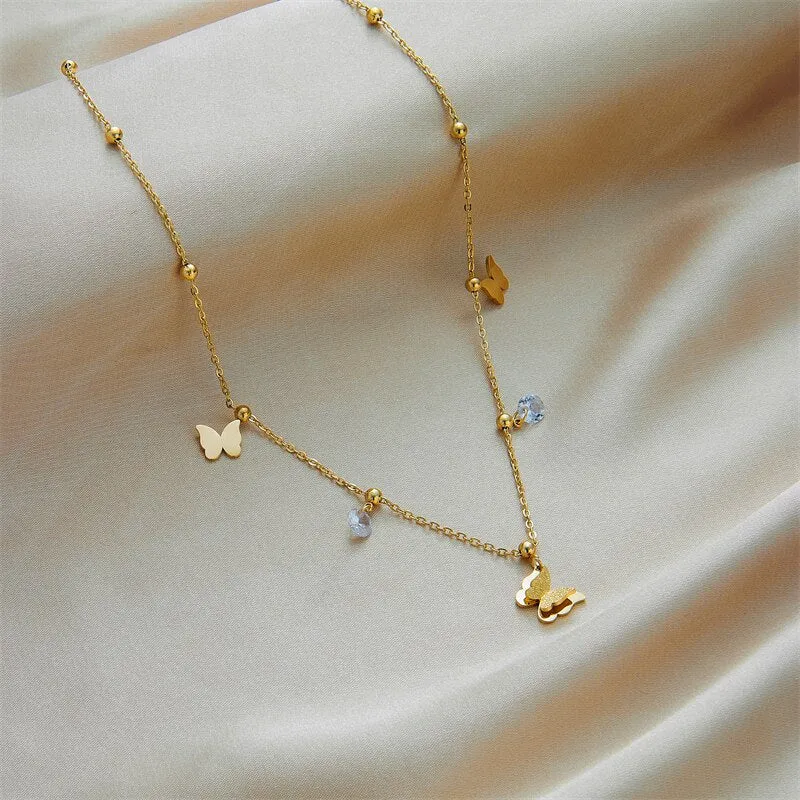 316L Stainless Steel Gold Color Butterfly Zircon Necklace For Women