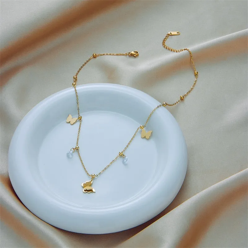316L Stainless Steel Gold Color Butterfly Zircon Necklace For Women