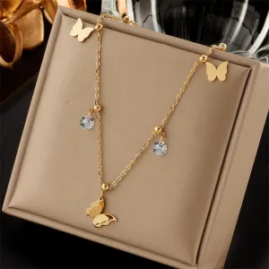 316L Stainless Steel Gold Color Butterfly Zircon Necklace For Women