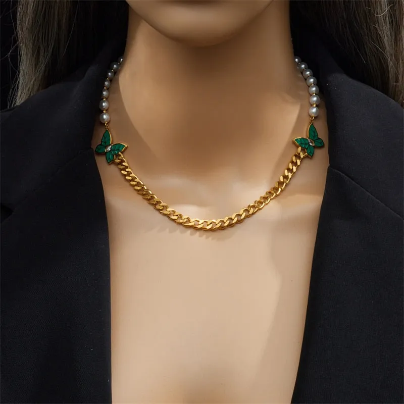 316L Stainless Steel Green Butterfly Pearl Necklace For Women