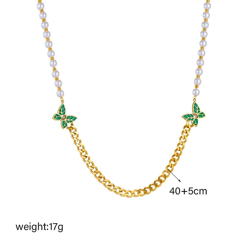 316L Stainless Steel Green Butterfly Pearl Necklace For Women