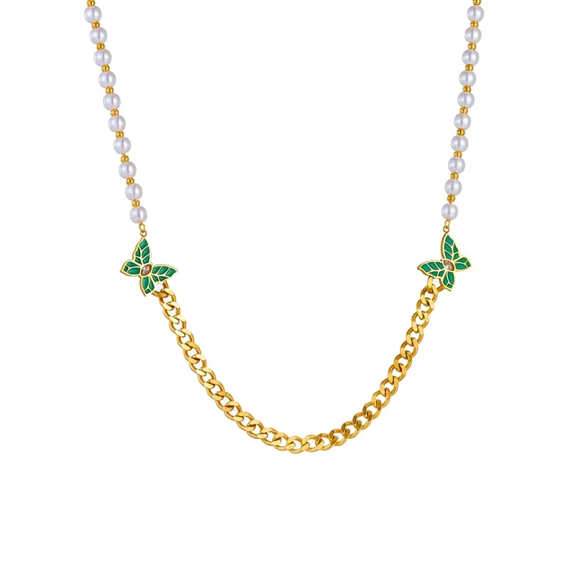 316L Stainless Steel Green Butterfly Pearl Necklace For Women