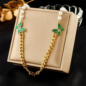 316L Stainless Steel Green Butterfly Pearl Necklace For Women