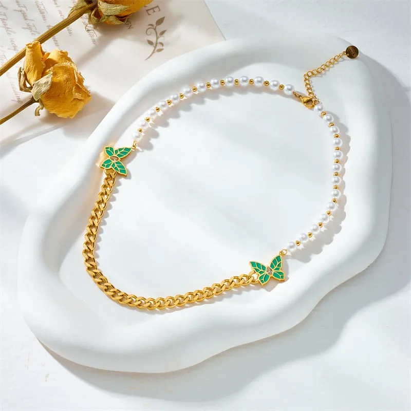 316L Stainless Steel Green Butterfly Pearl Necklace For Women
