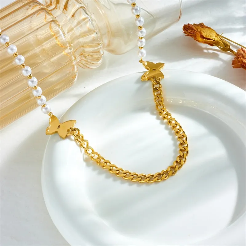 316L Stainless Steel Green Butterfly Pearl Necklace For Women