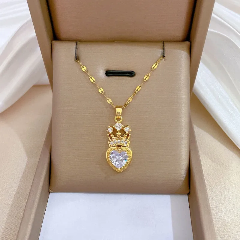 316L Stainless Steel Heart Crystal Crown Pendant Necklace For Women