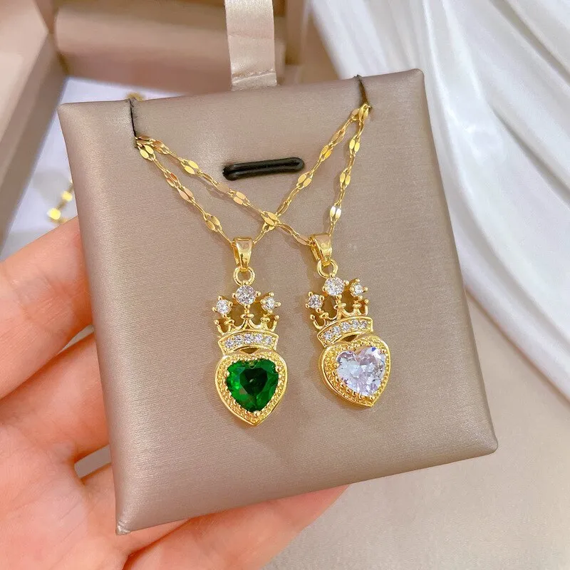 316L Stainless Steel Heart Crystal Crown Pendant Necklace For Women