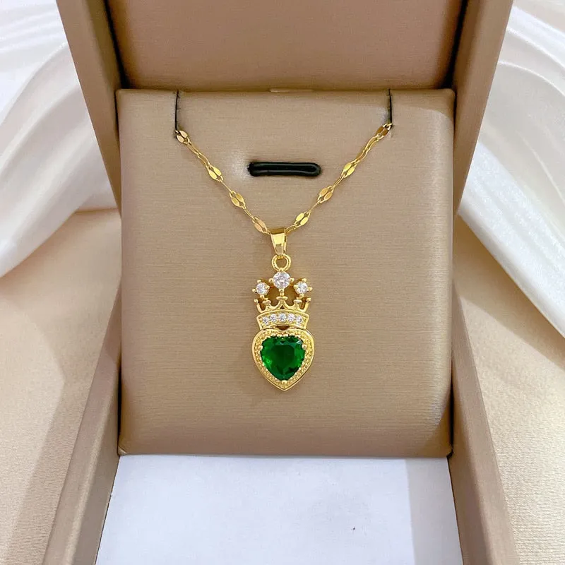 316L Stainless Steel Heart Crystal Crown Pendant Necklace For Women