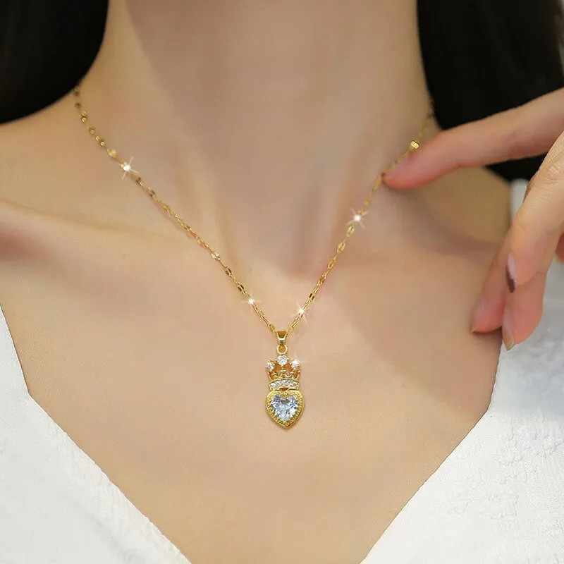 316L Stainless Steel Heart Crystal Crown Pendant Necklace For Women
