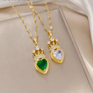 316L Stainless Steel Heart Crystal Crown Pendant Necklace For Women