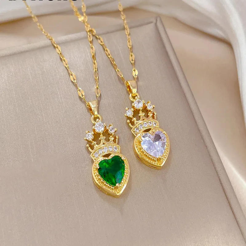 316L Stainless Steel Heart Crystal Crown Pendant Necklace For Women