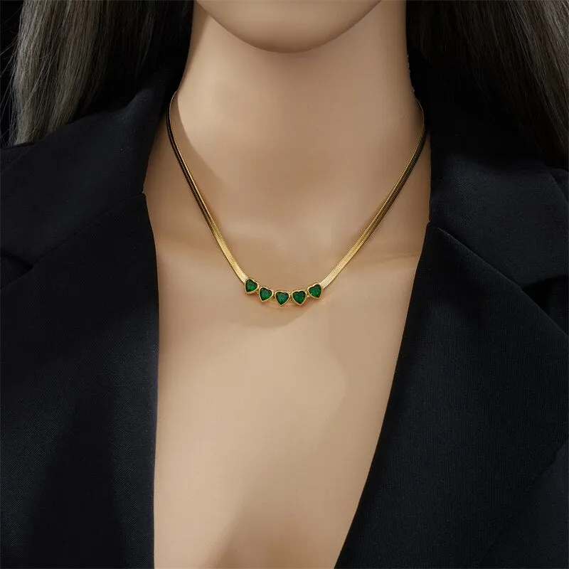 316L Stainless Steel Heart Green Zircon Crystal Pendant Necklace For Women