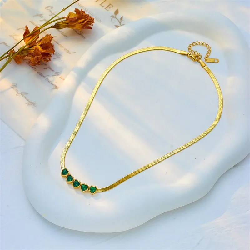 316L Stainless Steel Heart Green Zircon Crystal Pendant Necklace For Women