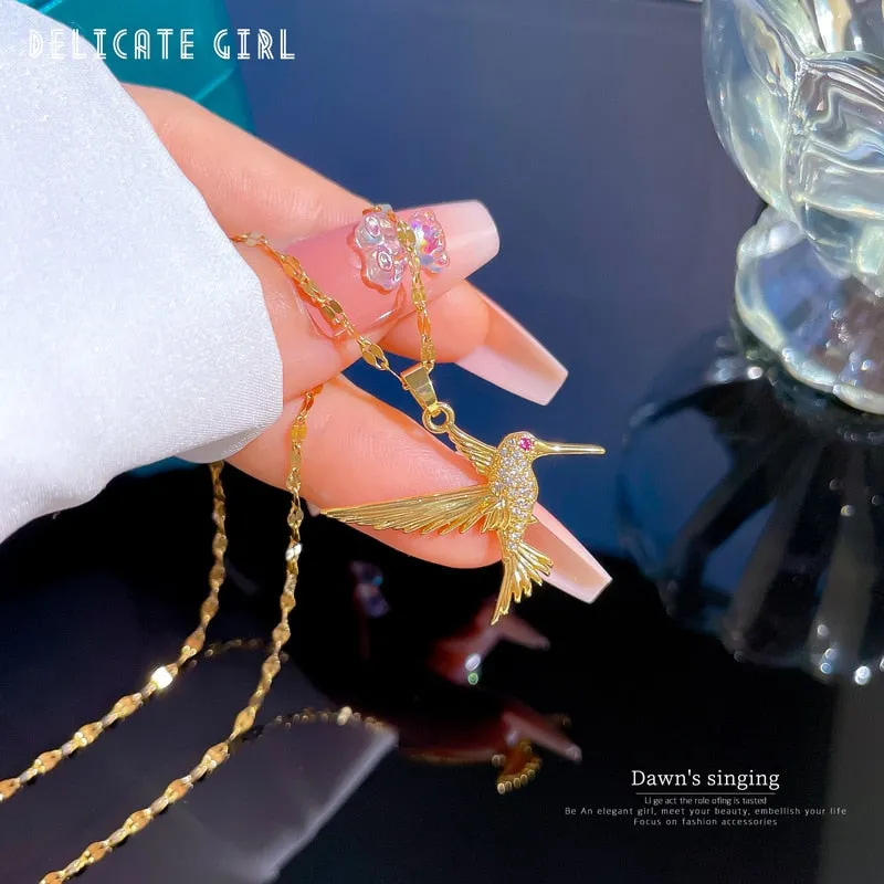 316L Stainless Steel Hummingbird Bird Pendant Necklace For Women