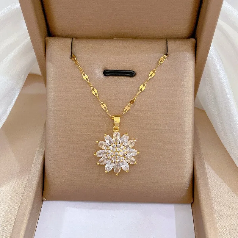 316L Stainless Steel Luxury Zircon Flower Pendant Necklace For Women