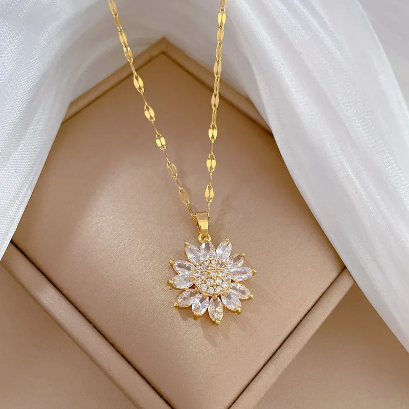 316L Stainless Steel Luxury Zircon Flower Pendant Necklace For Women