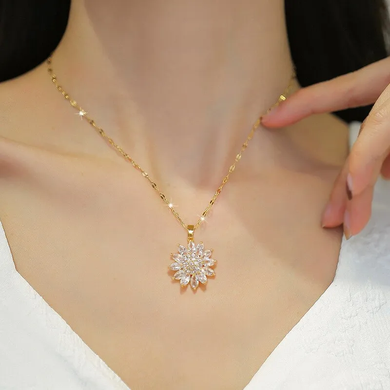316L Stainless Steel Luxury Zircon Flower Pendant Necklace For Women