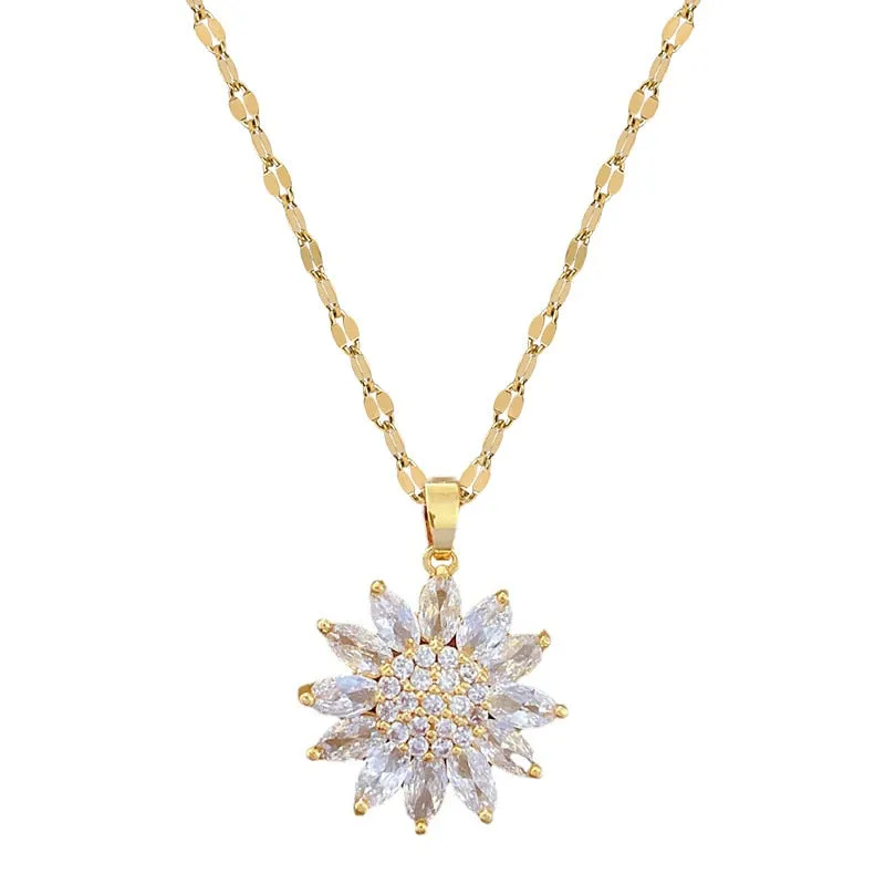 316L Stainless Steel Luxury Zircon Flower Pendant Necklace For Women