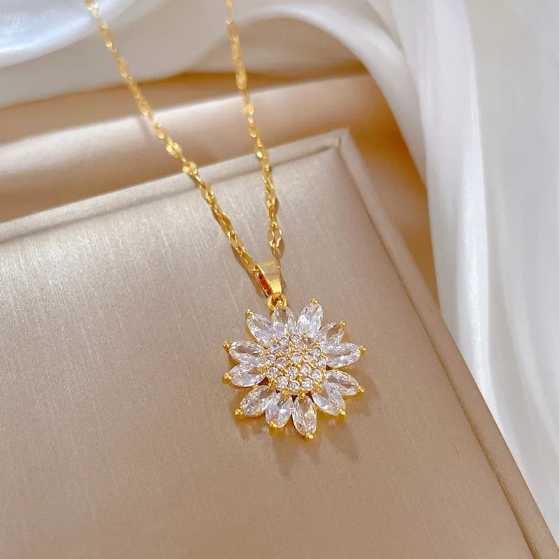 316L Stainless Steel Luxury Zircon Flower Pendant Necklace For Women