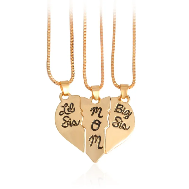 3pcs/set Lettering "Little Sis MOM Big Sis" Love Heart Pendant Necklace Simple Special Gift For Mother Daughters Family Jewelry