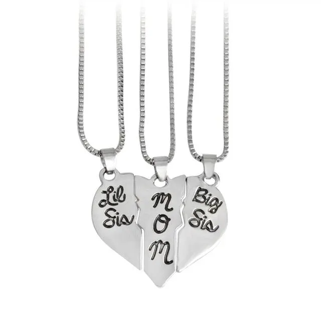 3pcs/set Lettering "Little Sis MOM Big Sis" Love Heart Pendant Necklace Simple Special Gift For Mother Daughters Family Jewelry