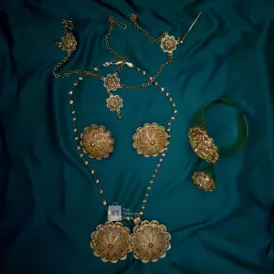 5-Piece Golden Colored Habesha Jewelry Set Ethiopian Circular Golden Jewelry Including Necklace, Earrings, Rings, Bracelet and Headpiece