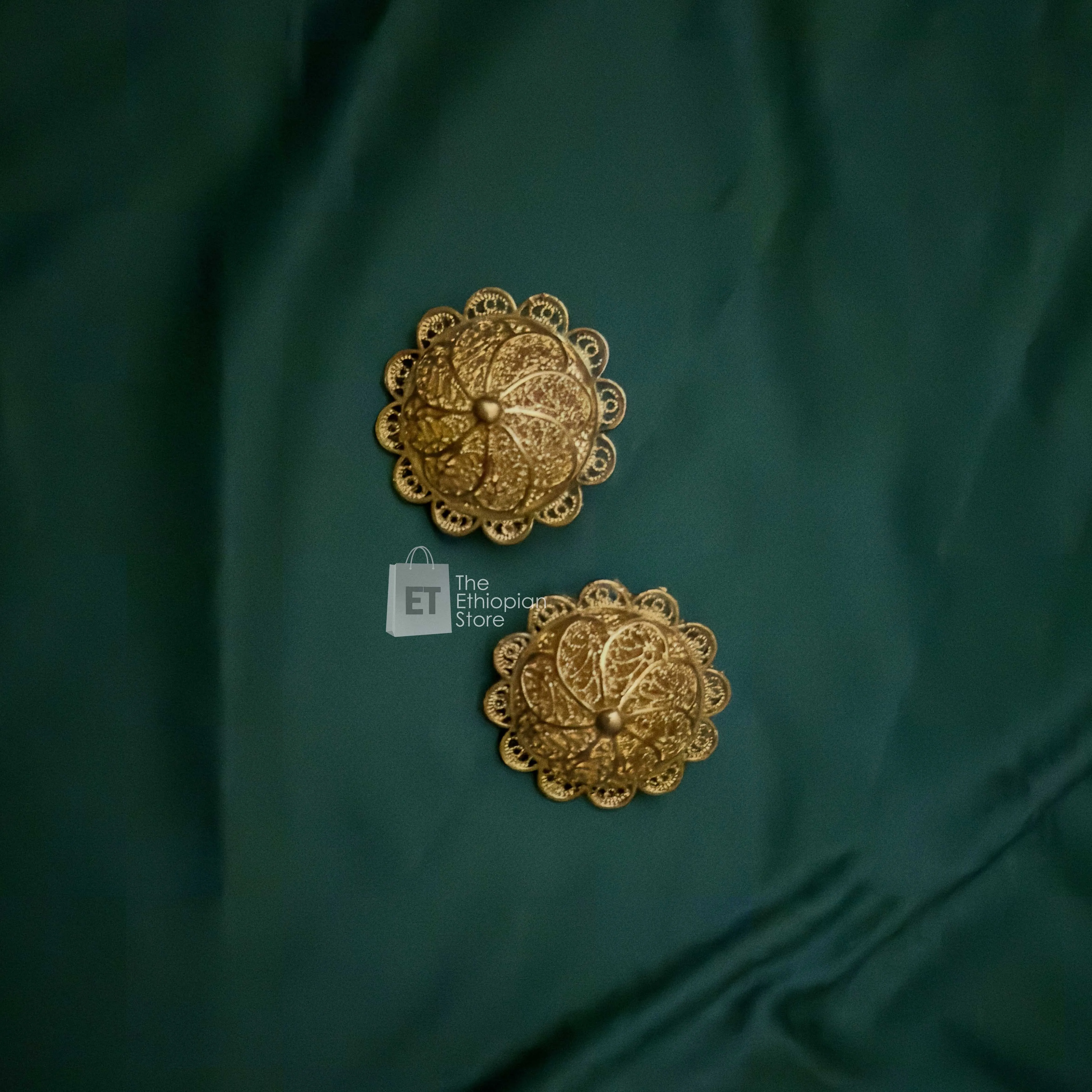 5-Piece Golden Colored Habesha Jewelry Set Ethiopian Circular Golden Jewelry Including Necklace, Earrings, Rings, Bracelet and Headpiece