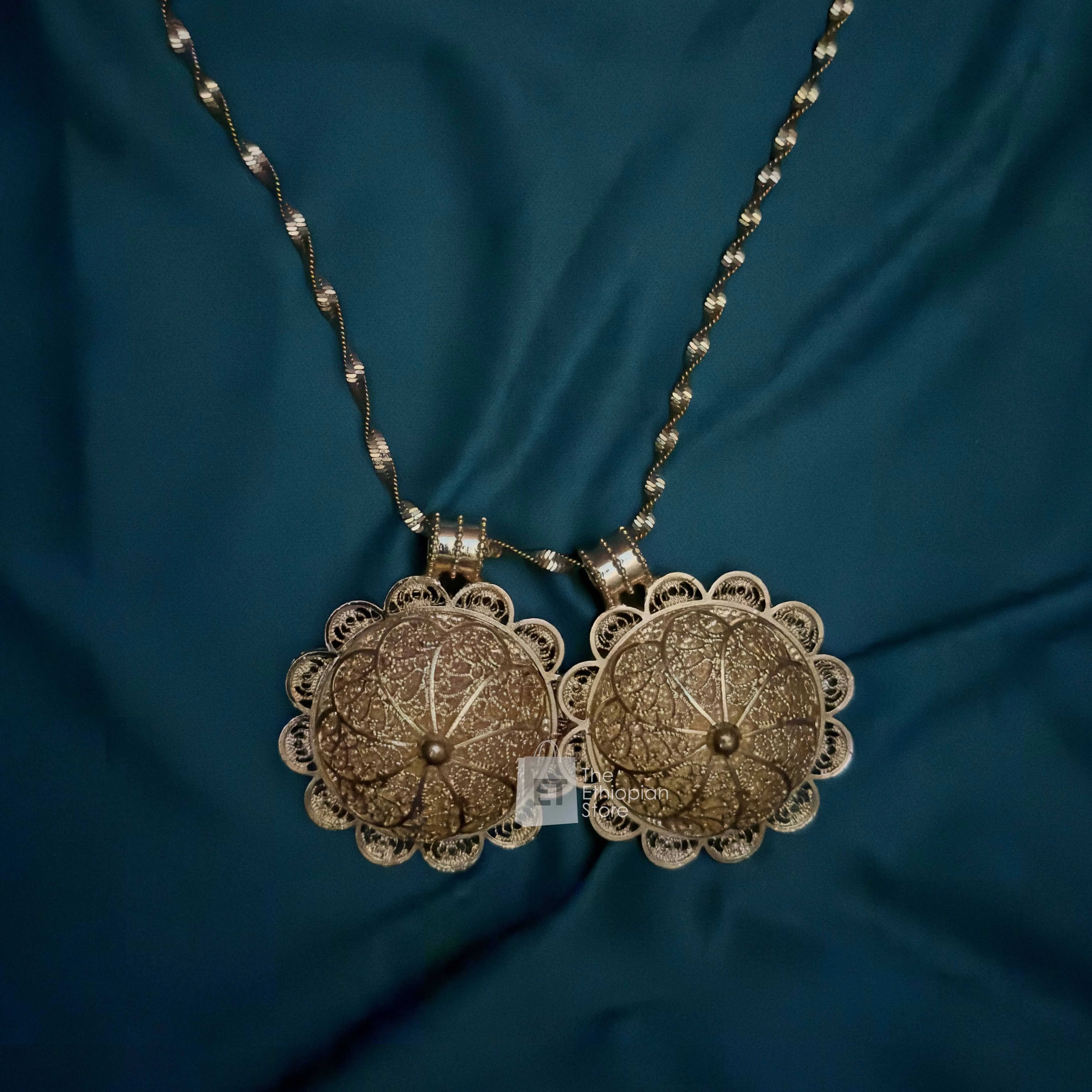 5-Piece Golden Colored Habesha Jewelry Set Ethiopian Circular Golden Jewelry Including Necklace, Earrings, Rings, Bracelet and Headpiece