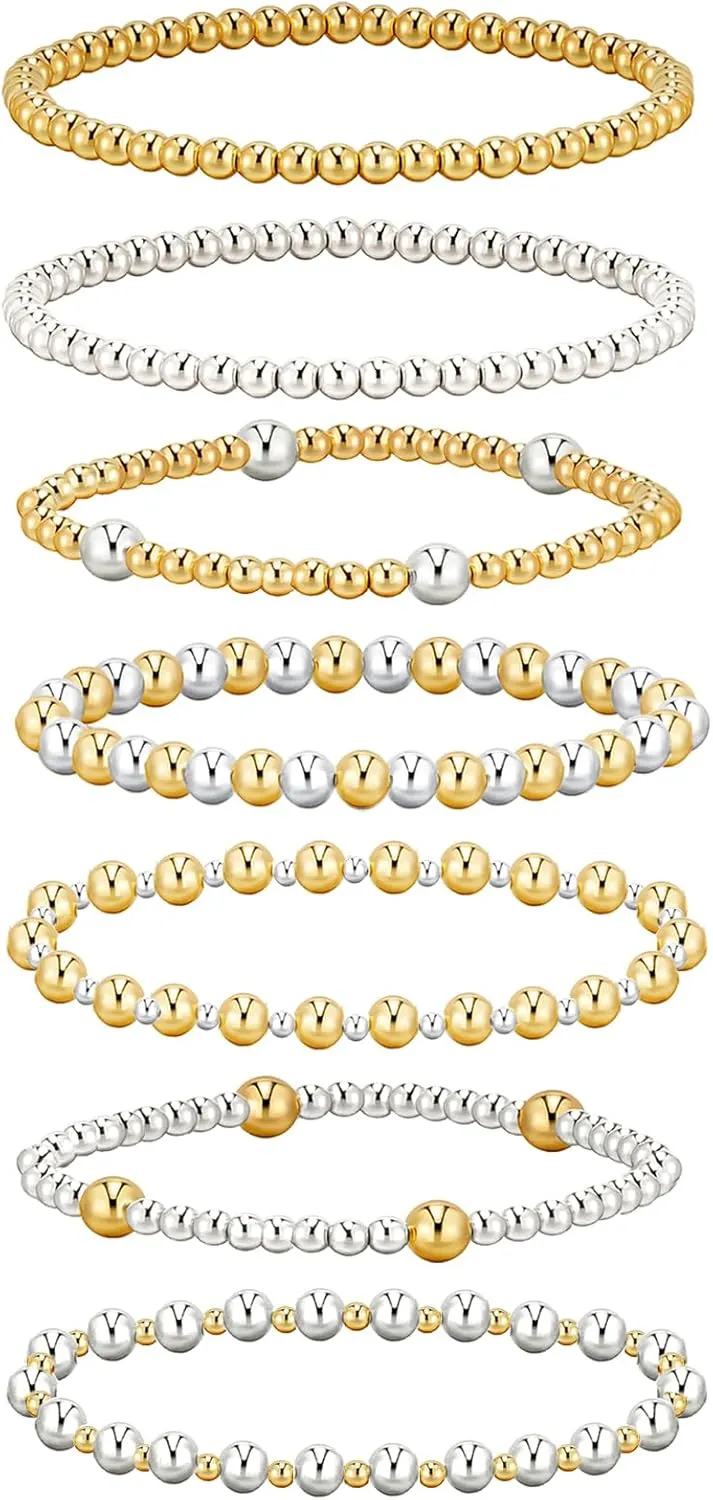 7Pcs Gold Bracelets for Women Gold Plated Beaded Bracelet Elastic Stretch Bead Ball Stack Set Stretchable Adjustable Gold Jewelry Gifts