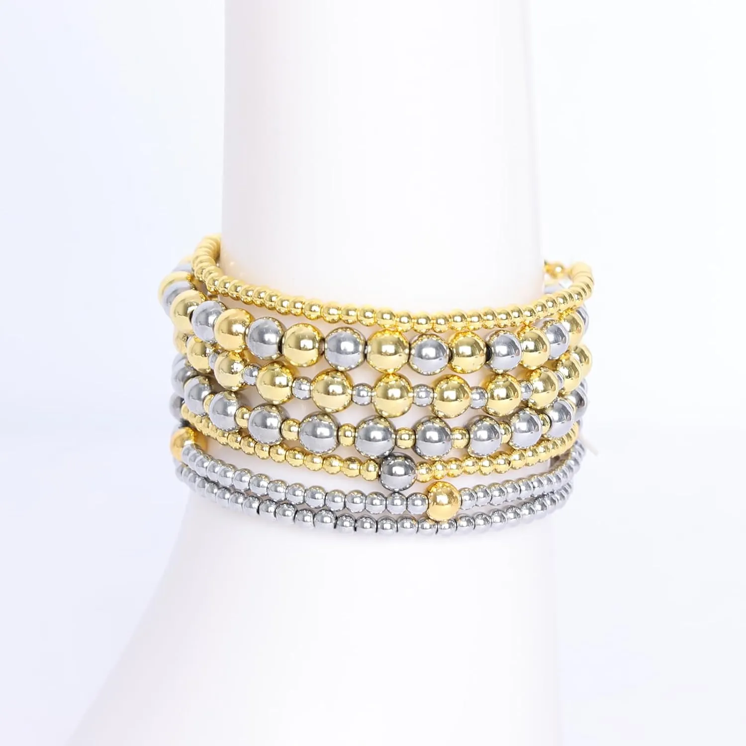 7Pcs Gold Bracelets for Women Gold Plated Beaded Bracelet Elastic Stretch Bead Ball Stack Set Stretchable Adjustable Gold Jewelry Gifts