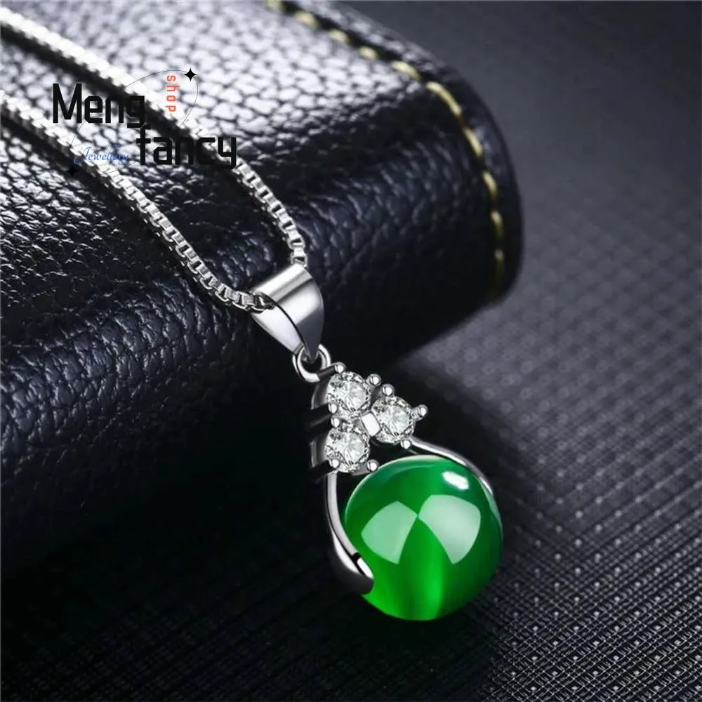 925 Silver Natural Green Jade Chalcedony Round Agate Pendant Amulets Mascots Fine Jewelry Women Gift Luxury Customized Necklace